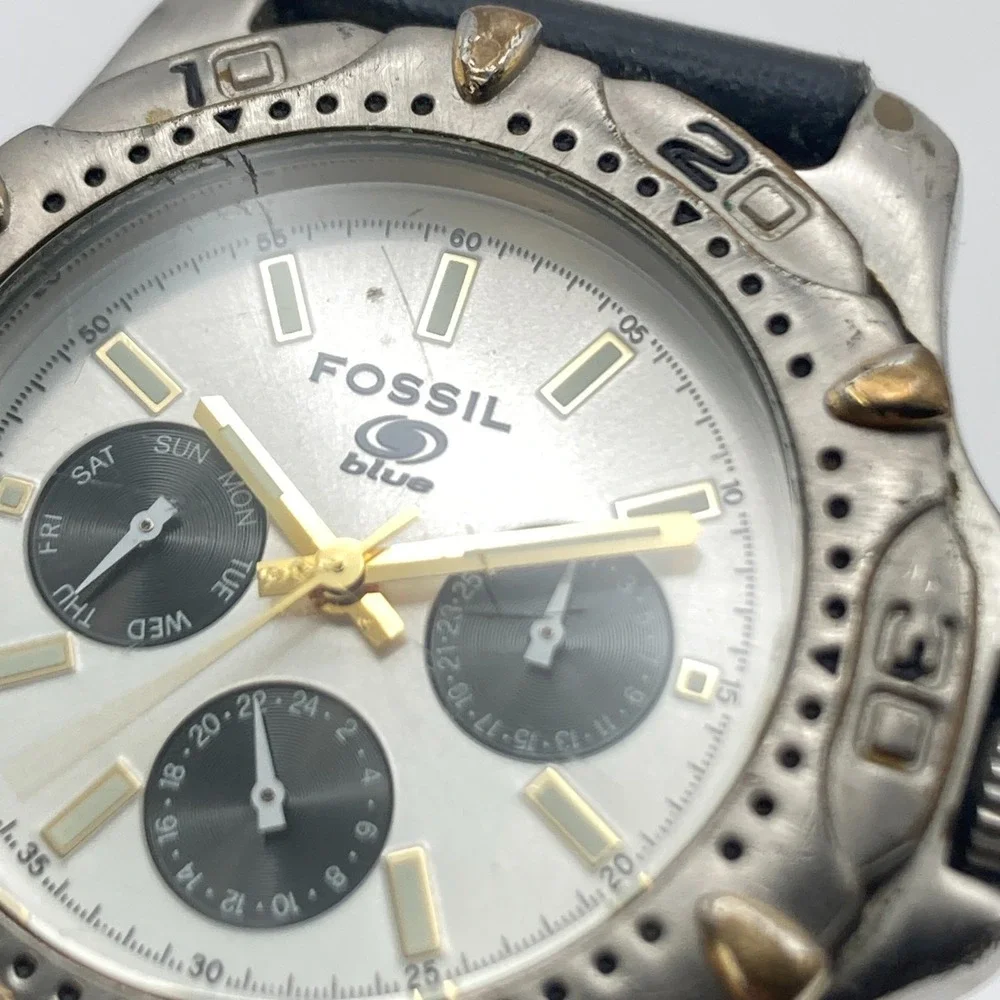 Fossil Blue Men's Watch 38mm Silver Tone Day Date Rotating Bezel New Battery 9